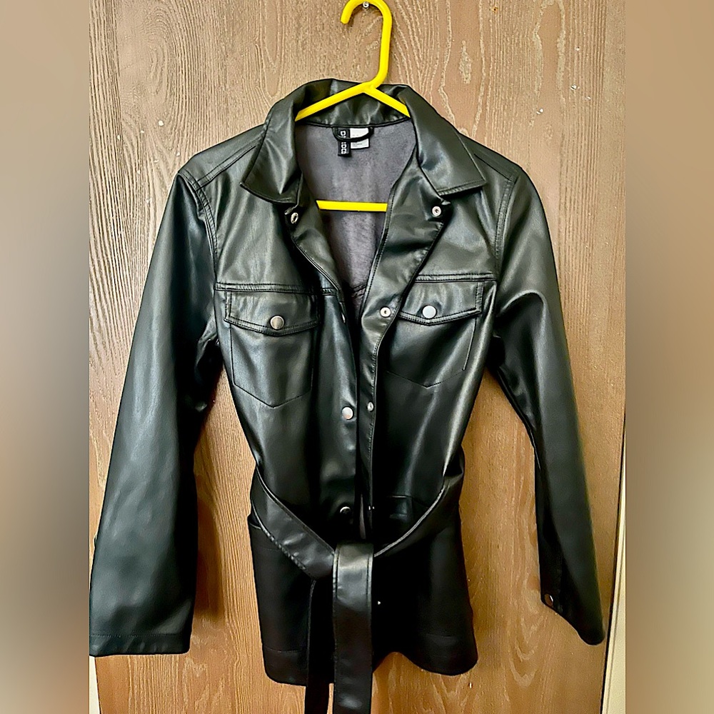 Faux leather jacket with waist belt
